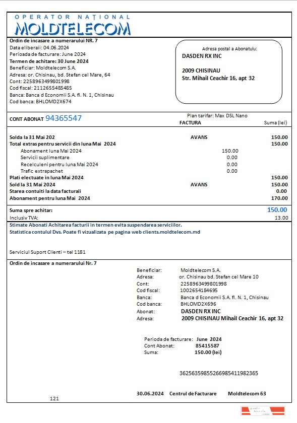 Moldova Moldtelecom business utility bill template in Word and PDF formats, fully editable